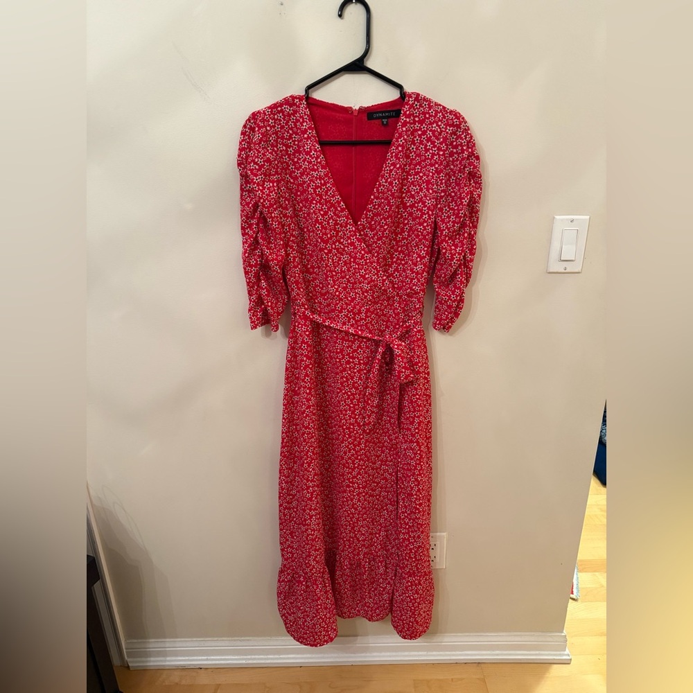 Dynamite Red Floral Faux Wrap Dress with Ruffled Hem